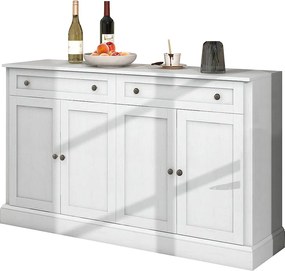 Nowoczesna biała komoda z 4 drzwiami i 2 szufladami, regulowane półki, 150x40x86 cm - do salonu lub kuchni