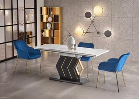 Stół Vincento rozkładany 160–200 cm – glamour biały marmur połysk MDF, czarno-złota podstawa, elegancki stół do jadalni i salon