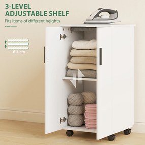 HOMCOM 2-w-1 składana szafka na deskę do prasowania na kółkach z deską do prasowania i regulowaną półką do małych pomieszczeń, Biała | Aosom PL