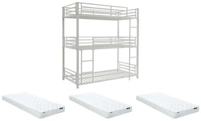 Potrójne łóżko piętrowe 3 x 90 x 190 cm – Metal – Biały + Materac – ELOUAN III