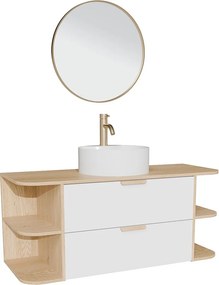Wisząca szafka łazienkowa z wnękami, nablatową okrągłą umywalką, baterią i lustrem – Biały i jasny naturalny – szer. 120 cm – AVORELI