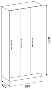 Drewniana szafka ubraniowa S5, 3-drzwiowa, 1900 x 900 x 420 mm, zamek cylindryczny, szary/grafitowy