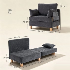 HOMCOM Fotel z funkcją spania 2-w-1 z funkcją łóżka, sofa rozkładana z 2 zmywalnymi poduszkami, boczne kieszenie do salonu, sypialni | Aosom PL