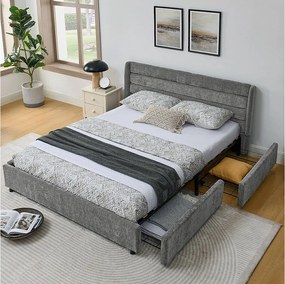 Łóżko podwójne 160 x 200 cm – łóżko dla dorosłych z 2 dużymi szufladami – ciemnoszara tkanina szenilowa – materac nie jest wliczony w cenę