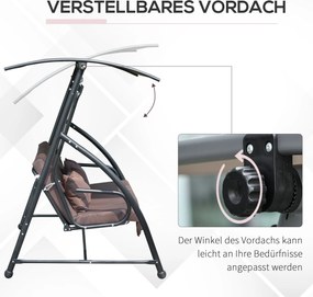 Outsunny Huśtawka Ogrodowa 3 Osobowa z Regulowanym Daszkiem Hamak Wiszący Brązowy Poliester 215x120x165cm | Aosom PL