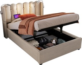 Łóżko ze schowkiem 90 x 200 cm - lampka do czytania i USB - tkanina lniana - kolor naturalny + materac