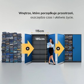 Szafa biurowa metalowa na akta antracytowo-niebieska JAN II, 1150 x 1850 x 400 mm