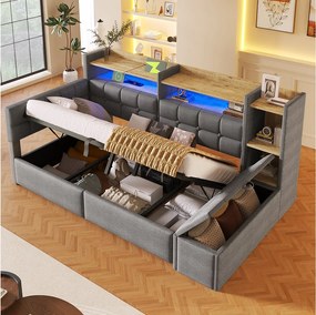 Łóżko 90 x 200 cm z pojemnikiem, półką, ławką ze schowkiem, diodami LED, USB i gniazdem typu C - Aksamit i płyta MDF - Ciemnoszary (Materac nie jest dołączony)