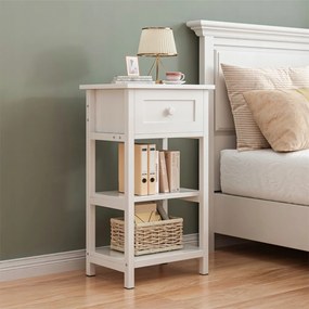 Biała szafka nocna z szufladą i 2 półkami – styl loftowy, MDF, 45x68x30 cm