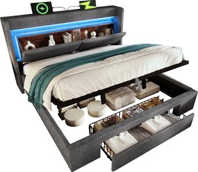 Łóżko tapicerowane hydrauliczne ze schowkiem - 140 x 200 cm - ze schowkiem na pościel w zagłówku + diody LED + USB + szuflada - pościel - szare (z materacem)