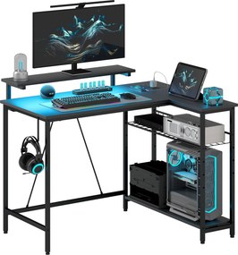 HOMCOM Biurko L-kształtne z LED, gniazdkami, USB, biurko komputerowe z półką, 107 x 80 x 90 cm, czarne | Aosom PL
