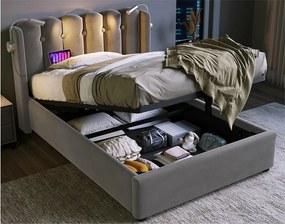 Łóżko tapicerowane z LED i portami USB - 90x200cm - tkanina welurowa - z stelażem na listwy - Szary