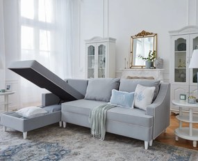 Narożnik rozkładany do salonu Notting Hill, z pojemnikami na pościel. Tkanina Matt Velvet odporna na wchłanianie płynów, kolor beżowy, błękitny, z kedrą.