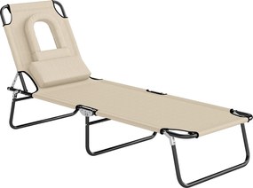 Outsunny Leżak z otworem na twarz i poduszką, składany, wodoodporne pokrycie, metalowy stelaż, beżowy | Aosom PL
