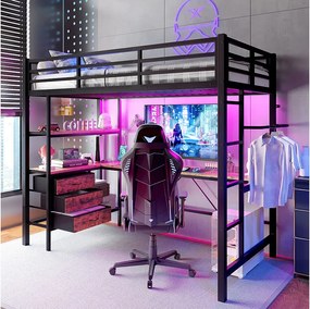 Łóżko piętrowe dla dzieci - 90 x 200 cm - z diodami LED + biurko + port USB + 3 szuflady - metal + płyta MDF - czarne