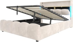 Łóżko z pojemnikiem 140x200 cm Łóżko dla dorosłych z LED i USB, zagłówek z pojemnikiem - beżowy aksamit (bez materaca)
