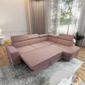 Masseno Narożnik ALVORO z funkcją spania i pojemnikiem na pościel Narozniki L, Rozkładana sofa - Pudrowy róż, MATT VELVET 61