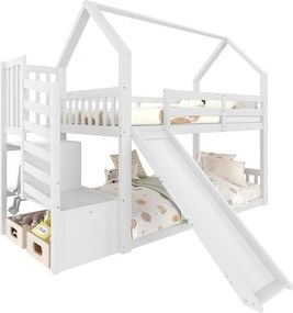 Łóżko piętrowe 90x200cm z drewna - z barierkami + schodami do przechowywania + zjeżdżalnią - Białe