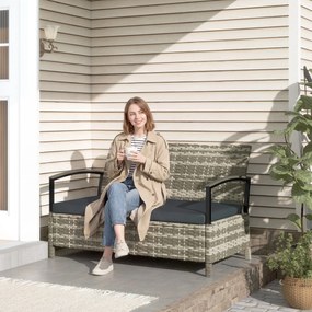 Outsunny Ławka ogrodowa ze schowkiem, 2-osobowa, z poduszką, pojemnik 125L, rattan PE, 123 x 70 x 82 cm, ciemnoszara | Aosom PL