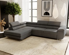 Emporius Sorlo narożnik z funkcją spania i pojemnikiem - regulowane zagłówki, lewostronny, tkanina aksamitna, ciemny szary (Amor Velvet 4321)