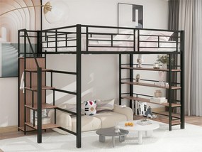 Łóżko mezzanine 140x200 cm - z małą szafą i półkami do przechowywania - Czarny