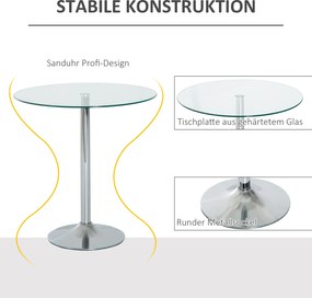 HOMCOM Okrągły Stół Jadalniany ze Szkłem, Metalowa Konstrukcja, Kolor Srebrny