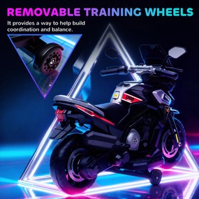AIYAPLAY Elektryczny motocykl dla dzieci 18-36 miesięcy, pojazd do siadania, kółka pomocnicze, światła, muzyka, tworzywo sztuczne, stal, Schwarz