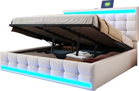 Tapicerowane łóżko ze schowkiem 180x200 cm - Z portem USB - Z taśmą LED - Len - Beżowy (bez materaca)