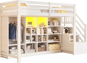 Łóżko piętrowe dla dzieci - 90 x 200 cm - z szafkami wnękowymi + garderoba + oświetlenie LED + drabinka - drewno - białe