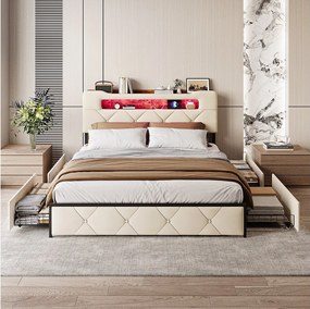 Tapicerowane łóżko podwójne z beżowego aksamitu 160x200 cm z 4 szufladami, oświetleniem LED i wbudowanymi portami USB