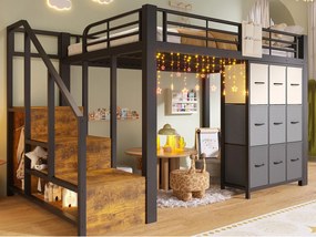 Łóżko na antresoli 140×200 cm - Metal - Z szufladami - Z szafą - Z drabiną z pojemnikami - Czarny​ (materac nie jest wliczony w cenę)
