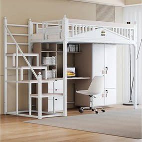 Łóżko antresola 90 x 200 cm ze schodami - Metal + Sklejka + MDF - Stelaż listwowy - Biały