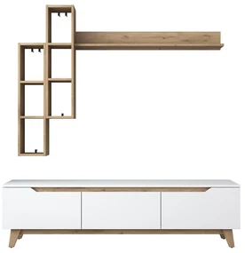Biały zestaw pod TV w dekorze orzecha 180x49 cm Linh – Kalune Design