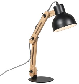 Industrialna lampa stołowa czarna z drewnem - Woodi Nowoczesny Oswietlenie wewnetrzne