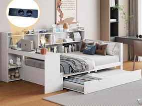 Sofa z funkcją spania z litego drewna 90x200 cm - z biurkiem + półkami - schowkami + półkami - z gniazdkami - z łóżkiem wysuwanym - biała