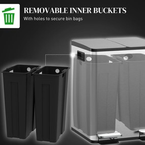 HOMCOM 2 x 20 L podwójny kosz na śmieci, otwieranie pedałem, łatwe czyszczenie, stal nierdzewna, plastik, srebrny | Aosom PL