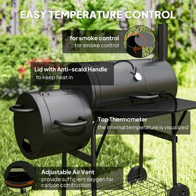 Outsunny Grill węglowy ze stali BBQ Smoker z pokrywą, termometrem, kołami, dopływem powietrza i wanienką na węgiel