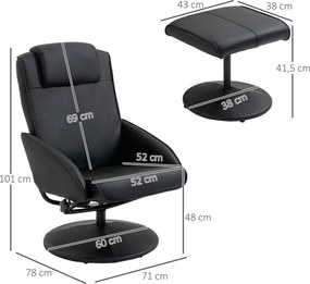 HOMCOM Fotel relaksacyjny z podnóżkiem, pokrycie z sztucznej skóry, regulowany, ergonomic design, Czarny