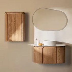 Zestaw Wiszących Mebli Łazienkowych 90x50 Cm Z Drewna Carsone Naturalna & Naturalna & Redondo Cerámica Blanco Rayas Ø36 Cm Sinqua - Sklum
