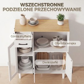 HOMCOM Kredens kuchenny z szufladą, 2 szafkami, otwartą półką, prążkowanymi drzwiami z akrylu 80 x 34 x 91 cm Biały + Dąb | Aosom PL