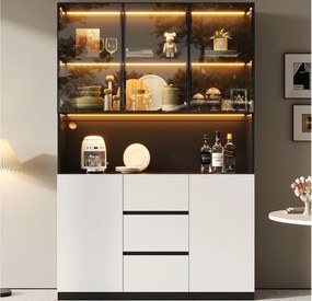 Witryna z oświetleniem LED - 120×40×200 cm - 3 szuflady i 5 drzwi - Otwarte półki - MDF + szkło - Biały+czarny