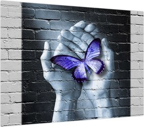Obraz - Fioletowy motyl na ścianie (70x50 cm)