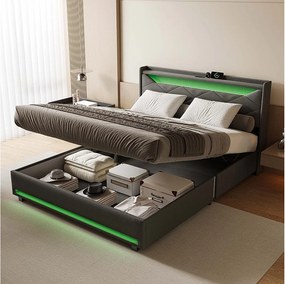 Łóżko dwuosobowe 140×200 cm z miejscem do przechowywania, oświetleniem LED, portem USB i gniazdem typu C – szara tkanina z siłownikami gazowymi