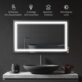 kleankin Lustro Łazienkowe LED Wodoodporne Srebrne Nowoczesne z Oświetleniem 100x60x32cm | Aosom PL