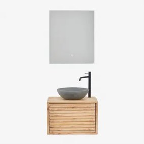 Zestaw Wiszących Mebli Łazienkowych 60x45 Cm Z Drewna Deleyna Naturalna & Okrągły Szary Cement Ø40 Cm Tarsis & Prostokątna Lampa Led I Przeciwmgielna
