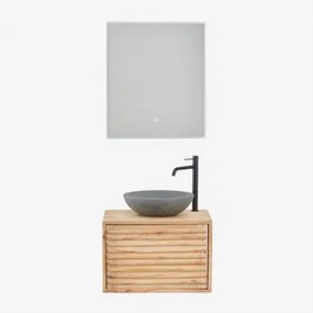 Zestaw Wiszących Mebli Łazienkowych 60x45 Cm Z Drewna Deleyna Naturalna & Okrągły Szary Cement Ø40 Cm Tarsis - Sklum