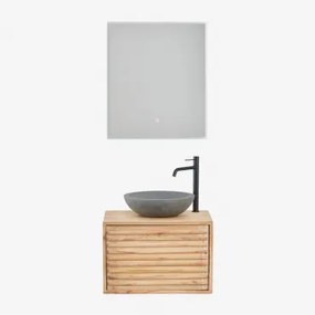 Zestaw Wiszących Mebli Łazienkowych Z Drewna Deleyna Naturalna & Okrągły Szary Cement Ø40 Cm Tarsis & Prostokątna - Sklum