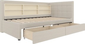 Sofa rozkładana 90x200 cm, len beżowy, ze schowkami i 2 szufladami, port USB - bez materaca