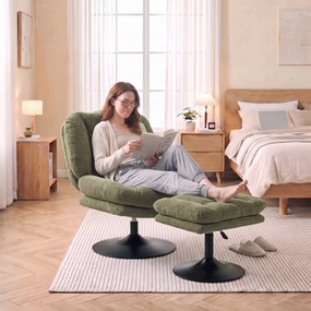 HOMCOM Fotel lounge z podnóżkiem, obracany 360°, z weluru Raindrop, regulowany podnóżek, Zielony | Aosom PL