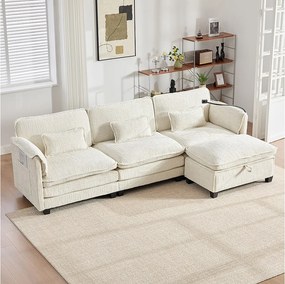 Sofa 3-osobowa z pufem - Narożnik z uchwytem na telefon i kieszeniami bocznymi - beżowy szenil